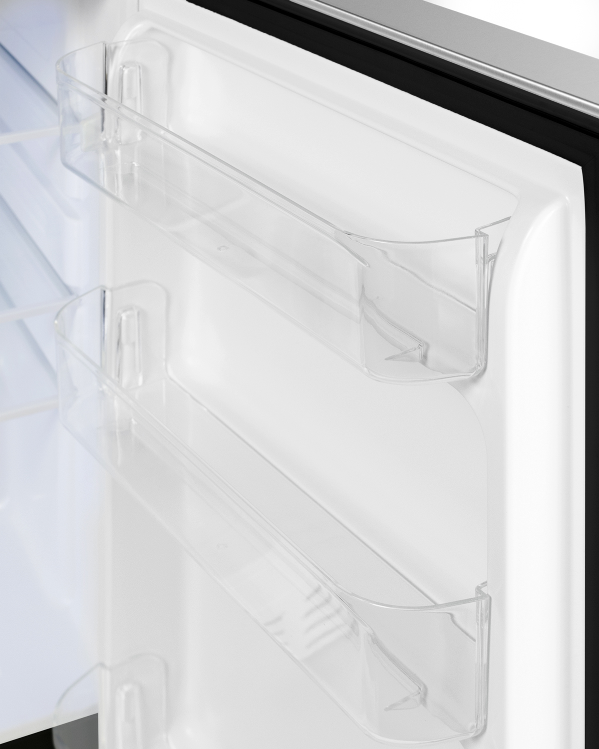 Built-in undercounter ADA compliant residential all-refrigerator with stainless steel door, black cabinet, and towel bar handle, with door storage and automatic defrost operation
